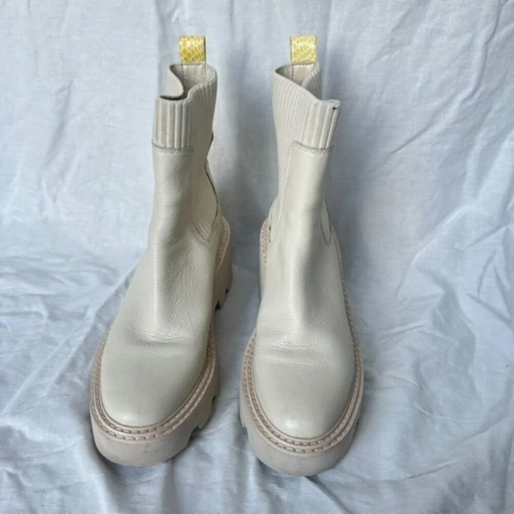 Dolce Vita Women's Hoven Boots‎ Ivory Leather Lug Sole Waterproof Knit Size 8.5